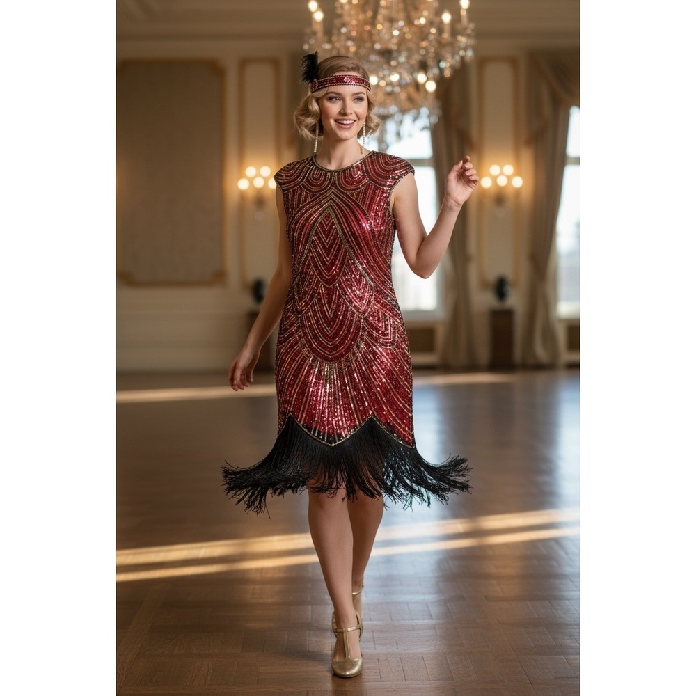 Fundaisy Sequin Flapper Dress Women XL Red Gold Art Deco Fringe Gatsby Party